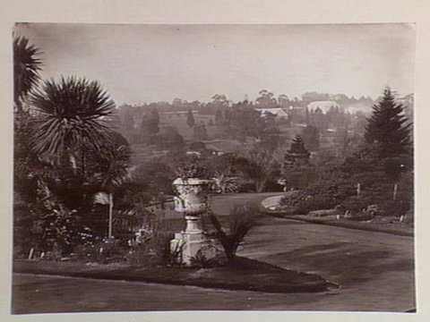 View from pathway, to the conservatory, Botanical Gardens, Melbourne, c. 1890