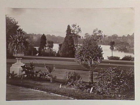View of lake from pathway, Botanical Gardens, Melbourne, c. 1890