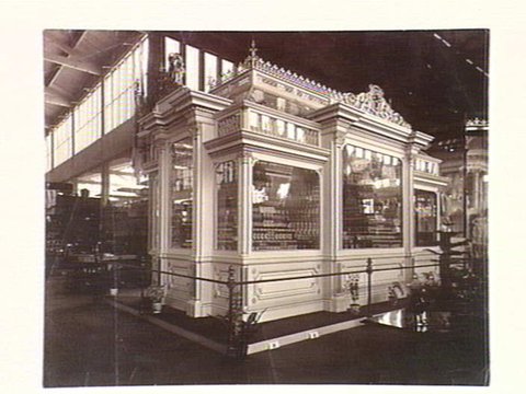 Red Cross Preserving Company, Melbourne. Large ornate cabinat full of jars of preserves, 1880–81
