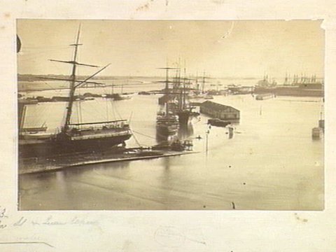 Flinders St. & Queens Wharf under water, c. 1863