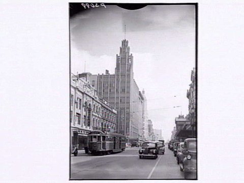Swanston Street & M. U. i.e. Manchester Unity Building Melbourne, 1948