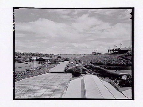 Bird's-eye view of Flemington Racecourse, Melbourne Cup Day, 1949