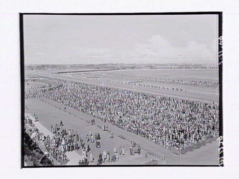 Bird's-eye view of Flemington Racecourse, Melbourne Cup Day, 1949