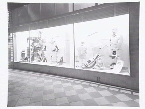 McLeod's Mens Store, corner Royal Arcade & Bourke St, window display and ground floor interior, 1943–49