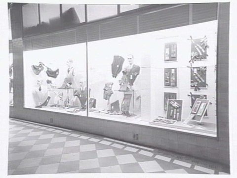 McLeod's Mens Store, corner Royal Arcade & Bourke St, window display and ground floor interior, c. 1946