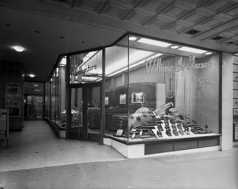 Window display and interior of Williams the Shoeman Youngsters Footwear Store, 229-31 Collins St., Melbourne, in the Arlington Chambers Building, 1948