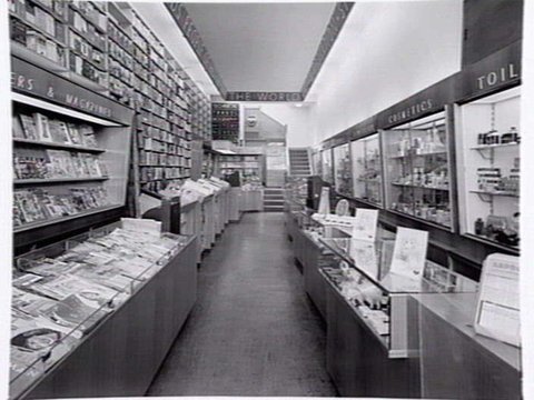 Stanley Young's P/L, newsagency, 244 Swanston St., Melbourne, showing interior and exterior, 1948