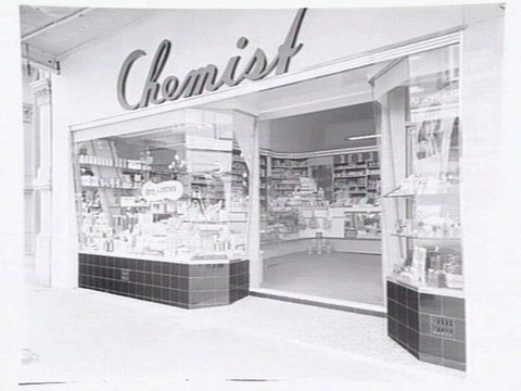 K.T. Williams, chemist shop at 599 Station St., Box Hill, showing both interior and exterior, 1949