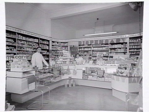 K.T. Williams, chemist shop at 599 Station St., Box Hill, showing both interior and exterior, 1949