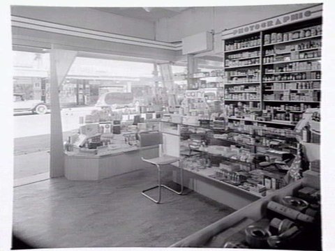 K.T. Williams, chemist shop at 599 Station St., Box Hill, showing both interior and exterior, 1949