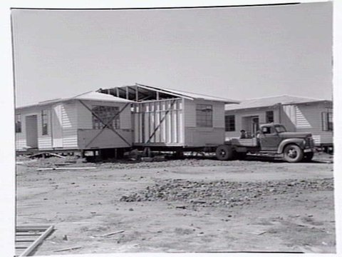 Pre-fabricated houses being moved on low loader in Highett and Mordialloc, 1949–55