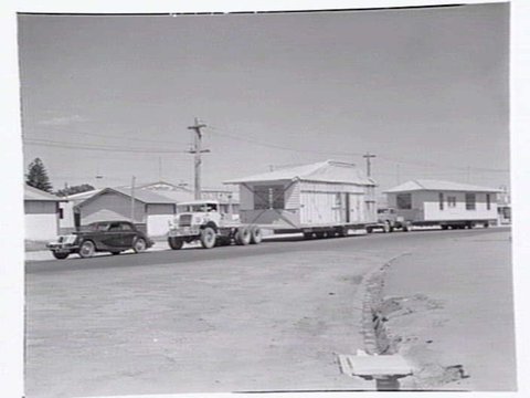 Pre-fabricated houses being moved on low loader in Highett and Mordialloc, 1949–55