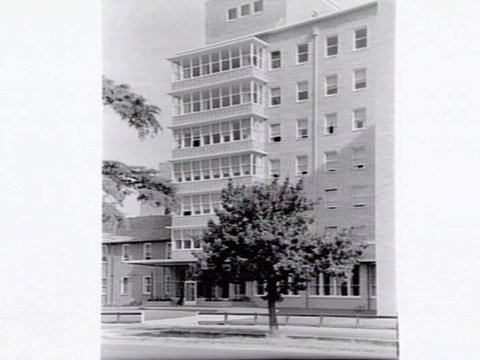 Exterior views of multi-storey building, possibly the Mercy Hospital, East Melbourne ?, c. 1952