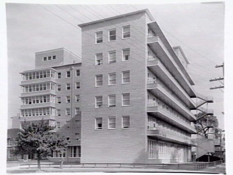 Exterior views of multi-storey building, possibly the Mercy Hospital, East Melbourne ?, 1949–55