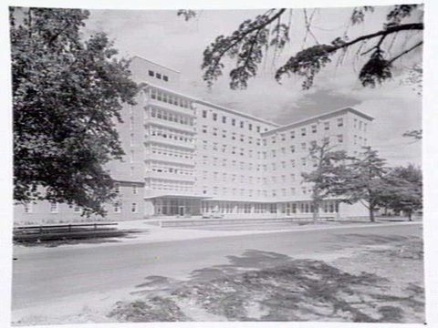 Exterior views of multi-storey building, possibly the Mercy Hospital, East Melbourne ?, c. 1952