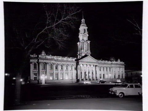 South Melbourne Town Hall, at night, 1950–56