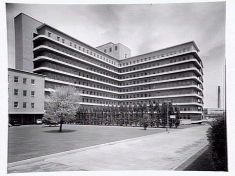 Royal Melbourne Hospital, viewed from Royal Parade, 1953