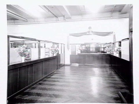 Bank in Elizabeth Street decorated for Royal visit, 1954