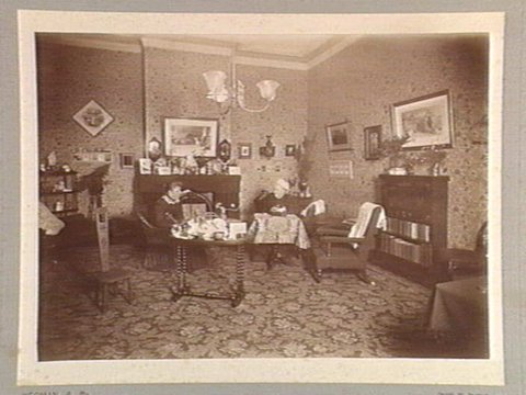 Interior view of Englefield, 69 Mathoura Road, Toorak, showing Amy Flower and Mrs. Horace Flower seated, 1899