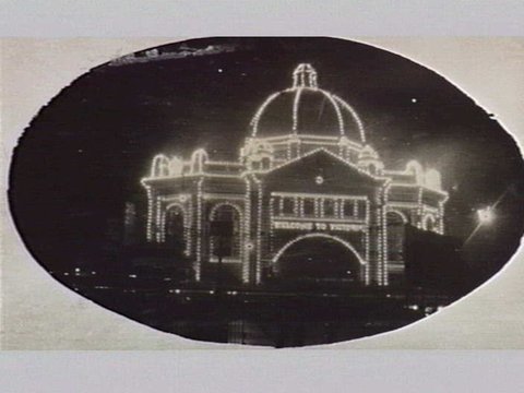 Flinders Street Station illuminated for visit of Prince of Wales, 1920