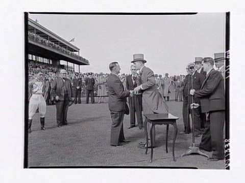 Presentation of Melbourne Cup trophy at Flemington Racecourse, 1949
