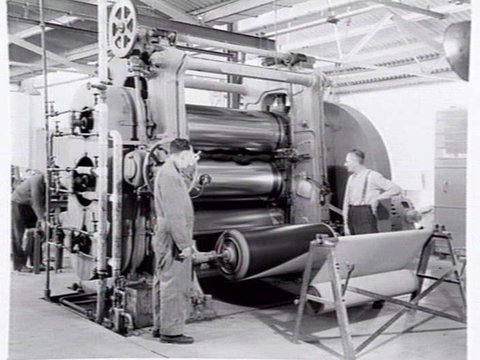 Factory interior, possibly at Hopkins Odlum Pty Ltd, belting manufacturers at 268-270 Geelong Road, West Footscray, Vic, 1943?