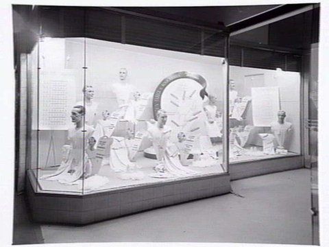 Window displays at McLeod's Mens Store, 335 Bourke Street, Melbourne, corner of Royal Arcade, c. 1946