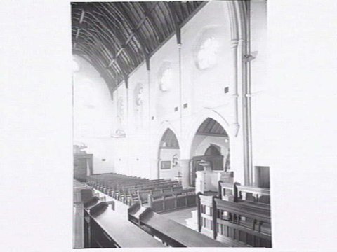 Melbourne Grammar School Chapel, interior and exterior views, c. 1947