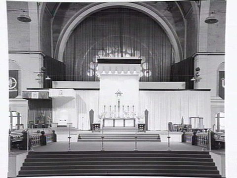 Interior of Exhibition Buildings set up as a church for public masses to celebrate the centenery of the Melbourne Catholic Diocese, 1948