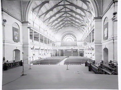 Interior of Exhibition Buildings set up as a church for public masses to celebrate the centenery of the Melbourne Catholic Diocese, 1948
