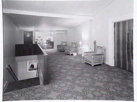 Circle Theatre, Essendon, operated by Hoyts. Shows dress circle foyer, auditorium, entrance foyer and dress circle from stalls, 1949