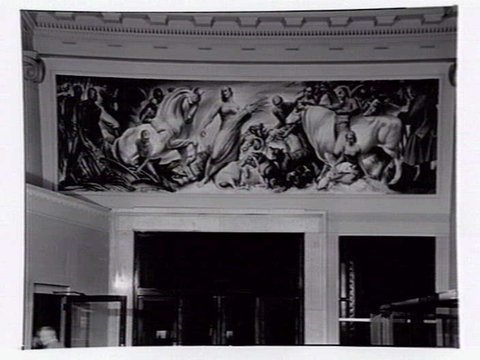 Allegorical murals by Virgil Lo Schiavo, installed in the banking chamber, Head Office, Commonwealth Bank of Australia, 363-71 Collins Street, Melbourne, 1952