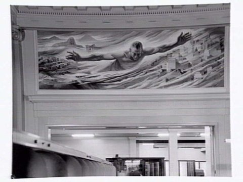 Allegorical murals by Virgil Lo Schiavo, installed in the banking chamber, Head Office, Commonwealth Bank of Australia, 363-71 Collins Street, Melbourne, 1952