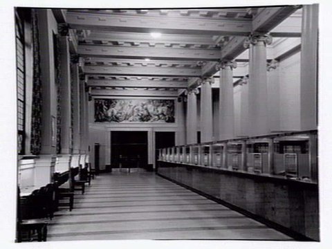 Allegorical murals by Virgil Lo Schiavo, installed in the banking chamber, Head Office, Commonwealth Bank of Australia, 363-71 Collins Street, Melbourne, 1952