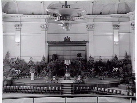 South Melbourne Town Hall interior, decorated with plants, 1949–55