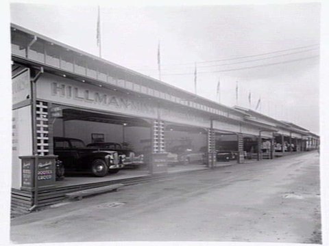 Motor car display by Neal's Motors, at the Royal Melbourne Show Grounds, 1949