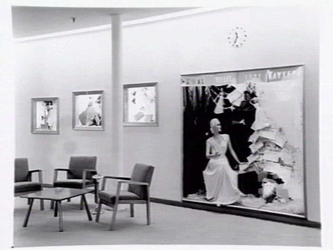Julius Kayser & Co., 2nd floor, 328-42 Flinders Lane, Melbourne, showing small theatrette for mannequin displays, outer showroom area with display of Kayser sleeping gowns and office area, 1949