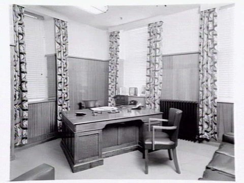 Julius Kayser & Co., 2nd floor, 328-42 Flinders Lane, Melbourne, showing small theatrette for mannequin displays, outer showroom area with display of Kayser sleeping gowns and office area, 1949