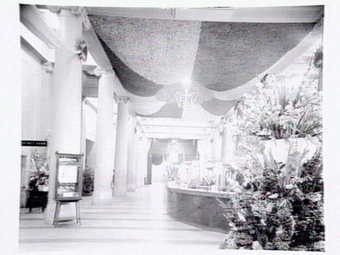 Commonwealth Bank in Collins Street decorated for the Royal visit, 1954