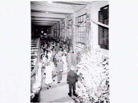 Commonwealth Bank in Collins Street decorated for the Royal visit, 1954
