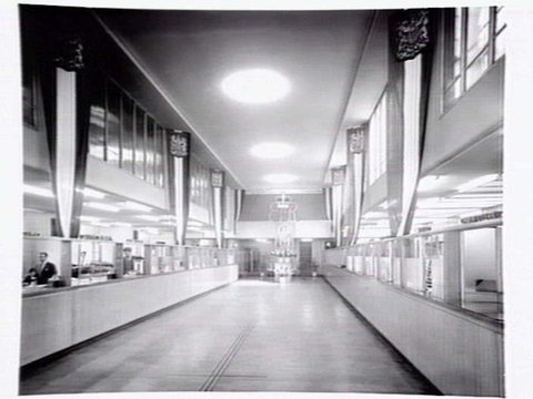 Commonwealth Bank in Collins Street decorated for the Royal visit, 1954