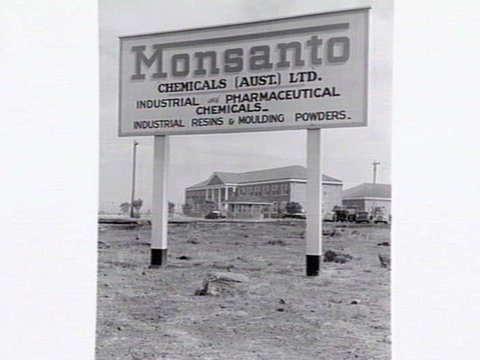 Monsanto Chemicals, Sommerville Rd., Braybrook, showing workers arriving by bus at front gate, plant and head office, 1950