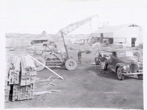 Housing Commission of Victoria prefabricated homes and construction yards by G.A. Winwood, builder of Camberwell, 1949