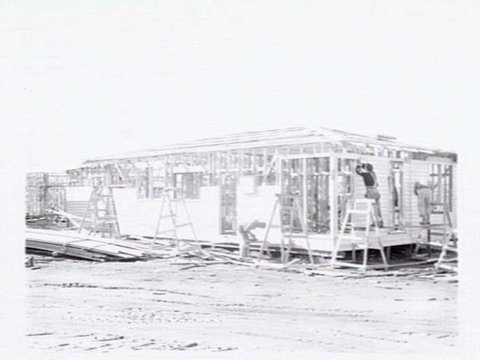 Housing Commission of Victoria prefabricated homes and construction yards by G.A. Winwood, builder of Camberwell, 1949
