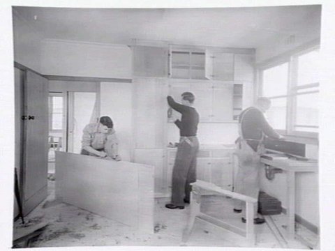 Housing Commission of Victoria prefabricated homes and construction yards by G.A. Winwood, builder of Camberwell, 1949