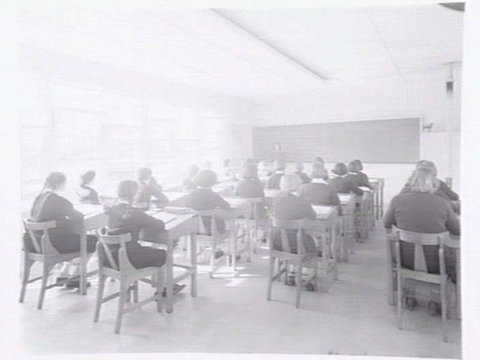 Toorak College, Mornington Rd., Mt. Eliza, showing buildings, grounds, facilities and students in class, 1949