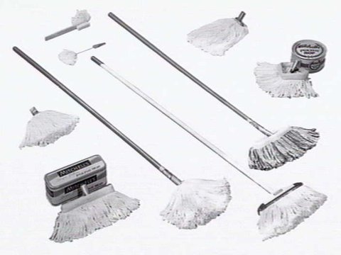 Thomas Mitchell & Son brushwear products, including broom heads, mops, straw brooms, paint brushes, feather dusters, scrubbing brushes and view of premises at 120-152 Victoria St., Brunswick, 1952