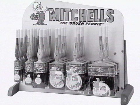 Thomas Mitchell & Son brushwear products, including broom heads, mops, straw brooms, paint brushes, feather dusters, scrubbing brushes and view of premises at 120-152 Victoria St., Brunswick, 1952