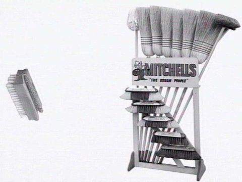 Thomas Mitchell & Son brushwear products, including broom heads, mops, straw brooms, paint brushes, feather dusters, scrubbing brushes and view of premises at 120-152 Victoria St., Brunswick, 1952