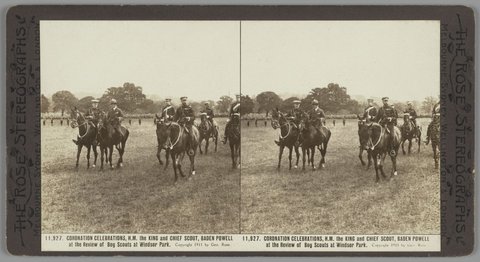 CORONATION CELEBRATIONS, H.M. the KING and CHIEF SCOUT< BADEN POWELL at the Review of Boy Scouts at Windsor Park, 1911